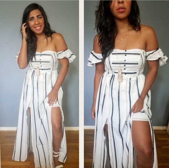 Dresses & Skirts - LAST//BEVERLY IVORY NAVY TAN STRIPED MAXI ROMPER